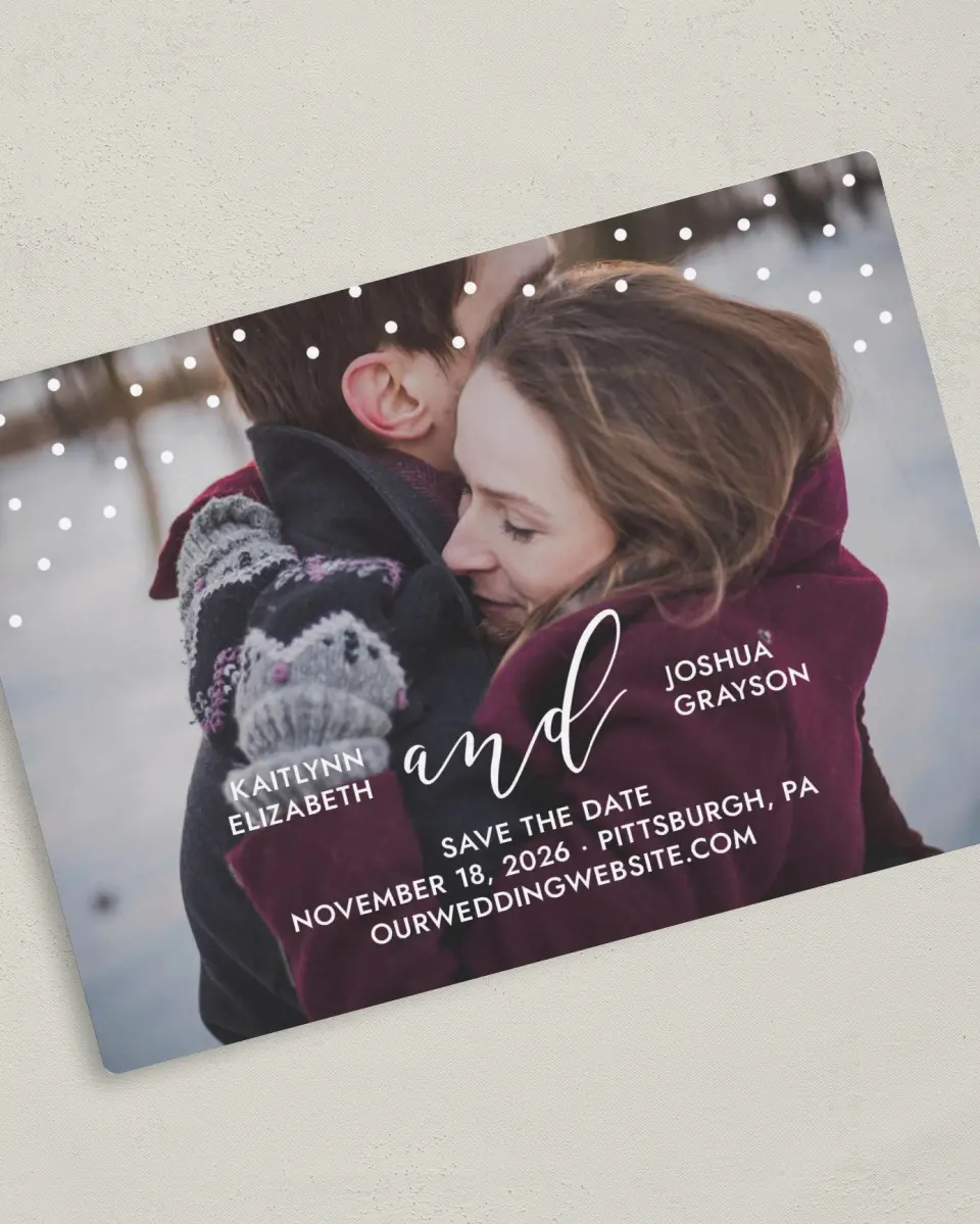 This is a 5" x 7" Save the Date Magnet called Brushed Confetti printed in full color with a Luxe Satin finish