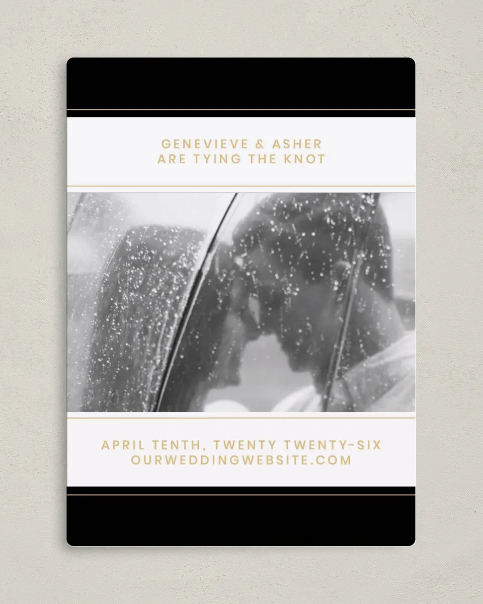 This is a 5" x 7" Save the Date Magnet called Bold Intrigue printed in full color with a Luxe Satin finish