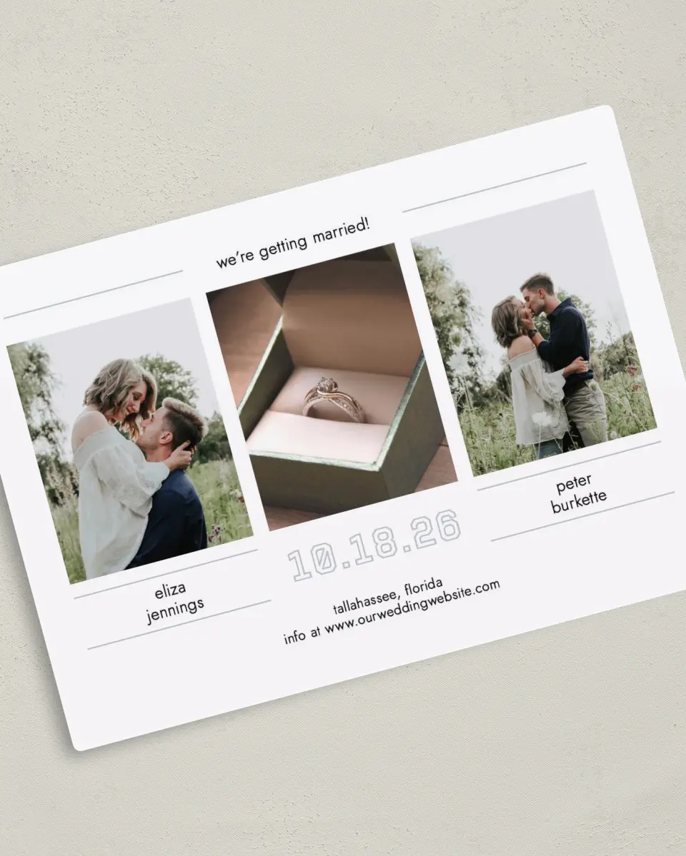 This is a 5" x 7" Save the Date Magnet called Happy Tracks printed in full color with a Luxe Satin finish