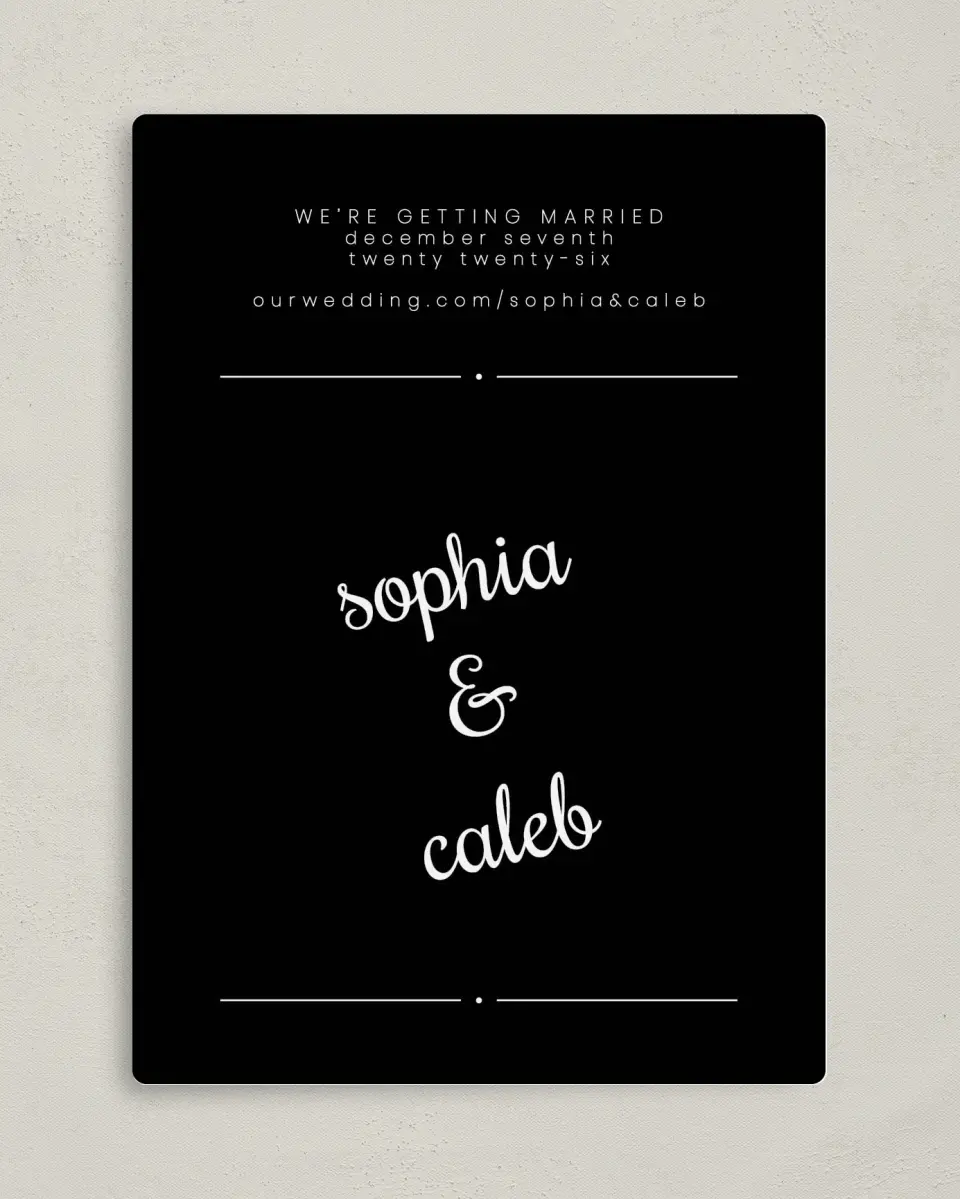 This is a 5" x 7" Save the Date Magnet called Sweetly Scripted printed in full color with a Luxe Satin finish