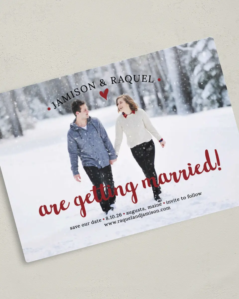 This is a 5" x 7" Save the Date Magnet called Adventure Awaits printed in full color with a Luxe Satin finish
