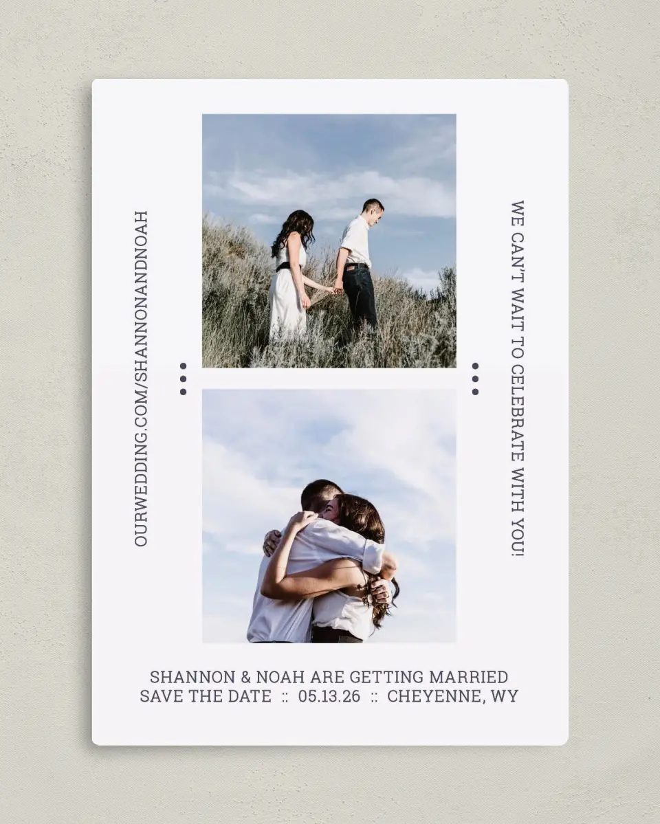 This is a 5" x 7" Save the Date Magnet called Only Us printed in full color with a Luxe Satin finish