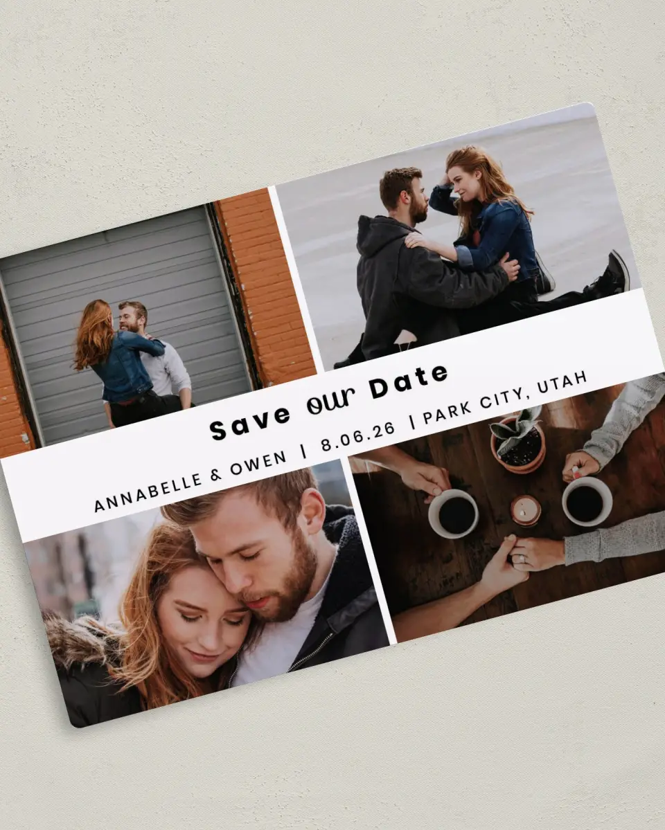 This is a 5" x 7" Save the Date Magnet called Headliner Love printed in full color with Rose Gold foil and a Luxe Satin finish