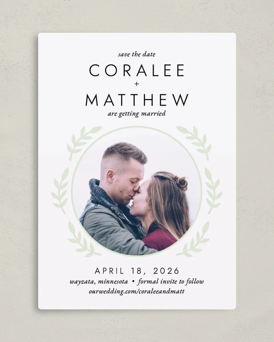 This is a 5" x 7" Save the Date Magnet called Simply Bliss printed in full color with a Luxe Satin finish