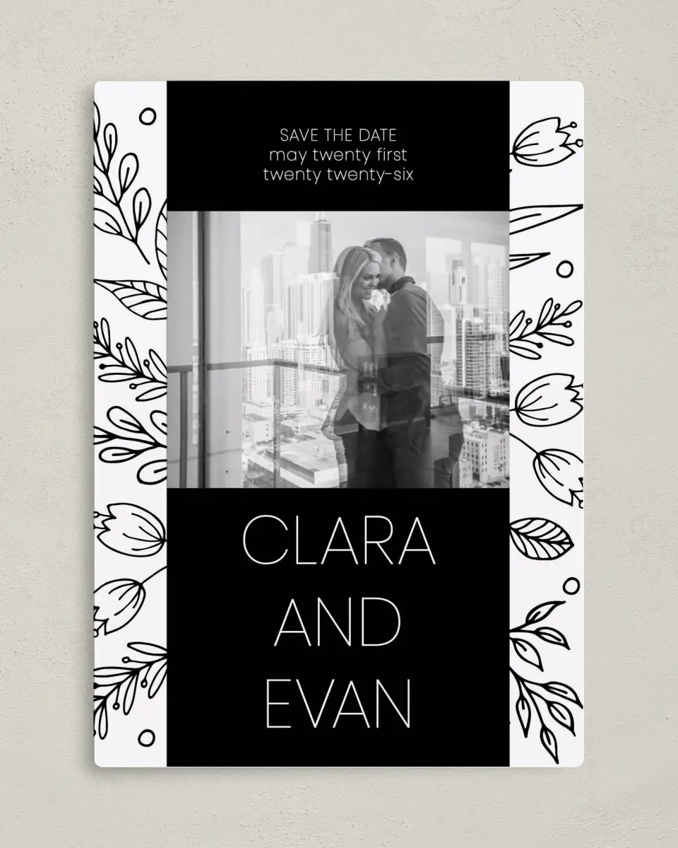 This is a 5" x 7" Save the Date Magnet called Blooming Edges printed in full color with a Luxe Satin finish