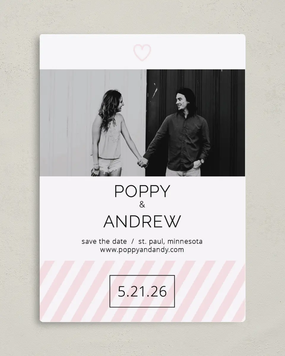 This is a 5" x 7" Save the Date Magnet called Love at Last printed in full color with a Luxe Satin finish