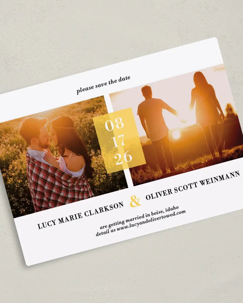This is a 5" x 7" Save the Date Magnet called Love + Sunshine printed in full color with a Luxe Satin finish