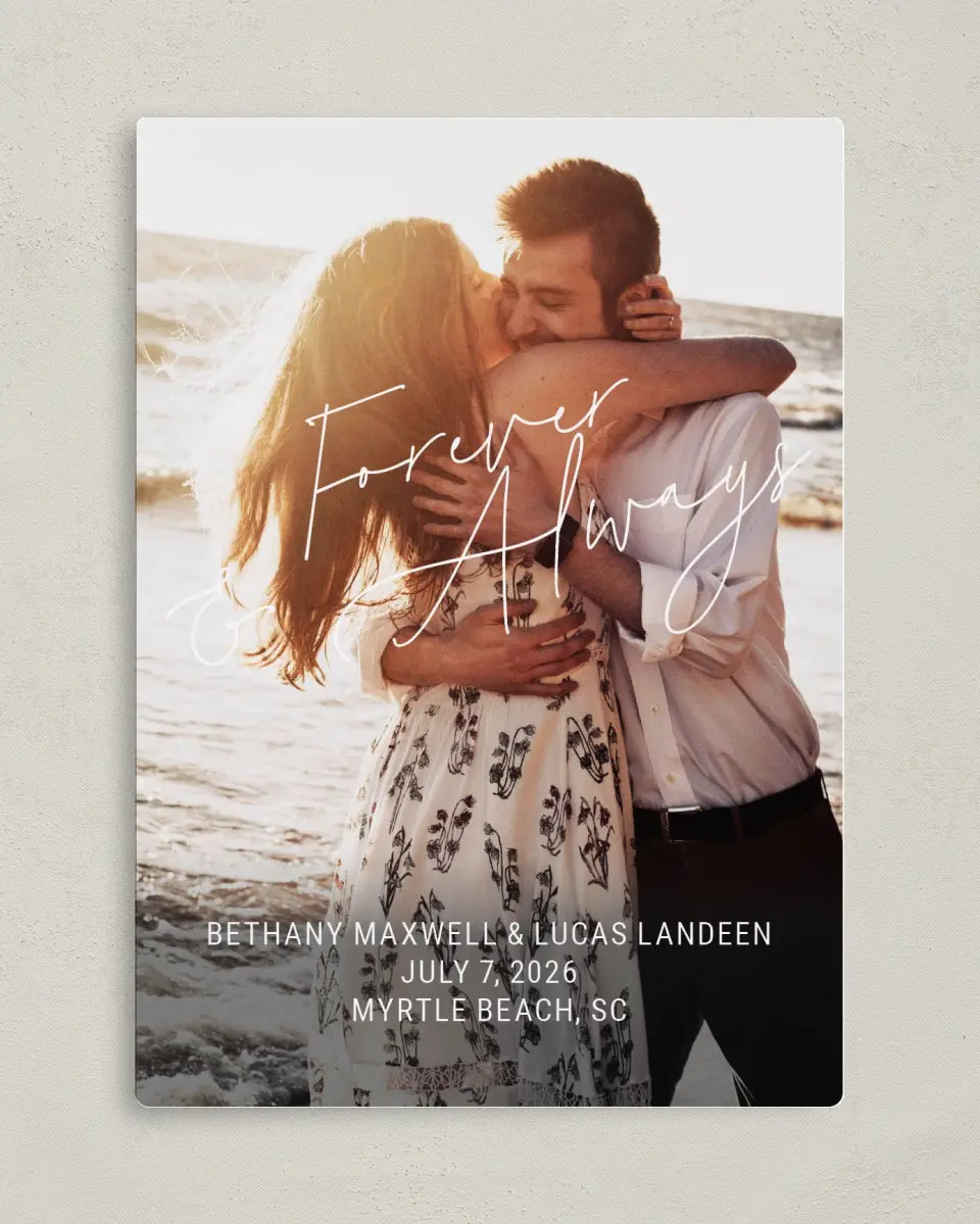 This is a 5" x 7" Save the Date Magnet called Forever Stylish printed in full color with a Luxe Satin finish