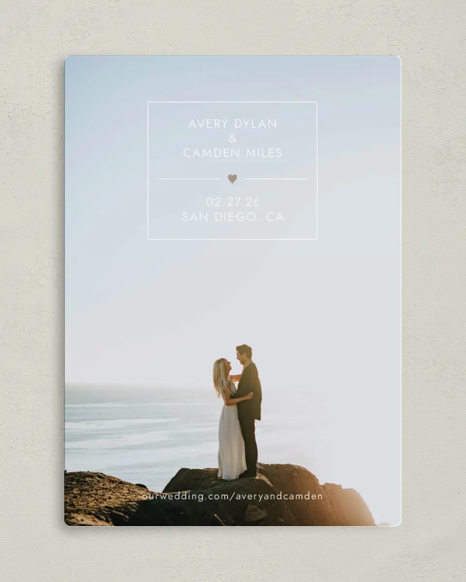 This is a 5" x 7" Save the Date Magnet called Majestic Heart printed in full color with a Luxe Satin finish