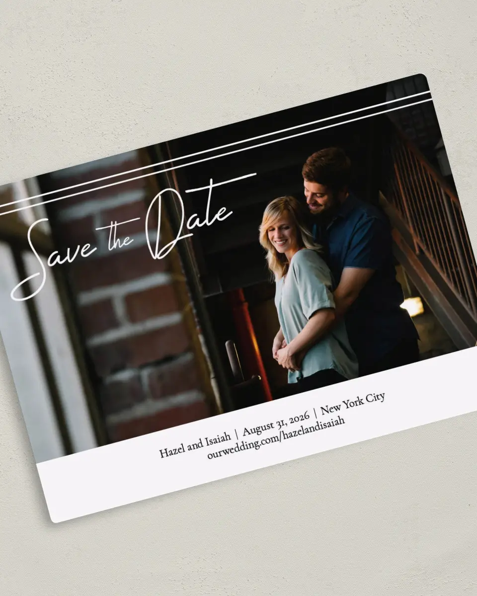 This is a 5" x 7" Save the Date Magnet called Exquisite Date printed in full color with a Luxe Satin finish