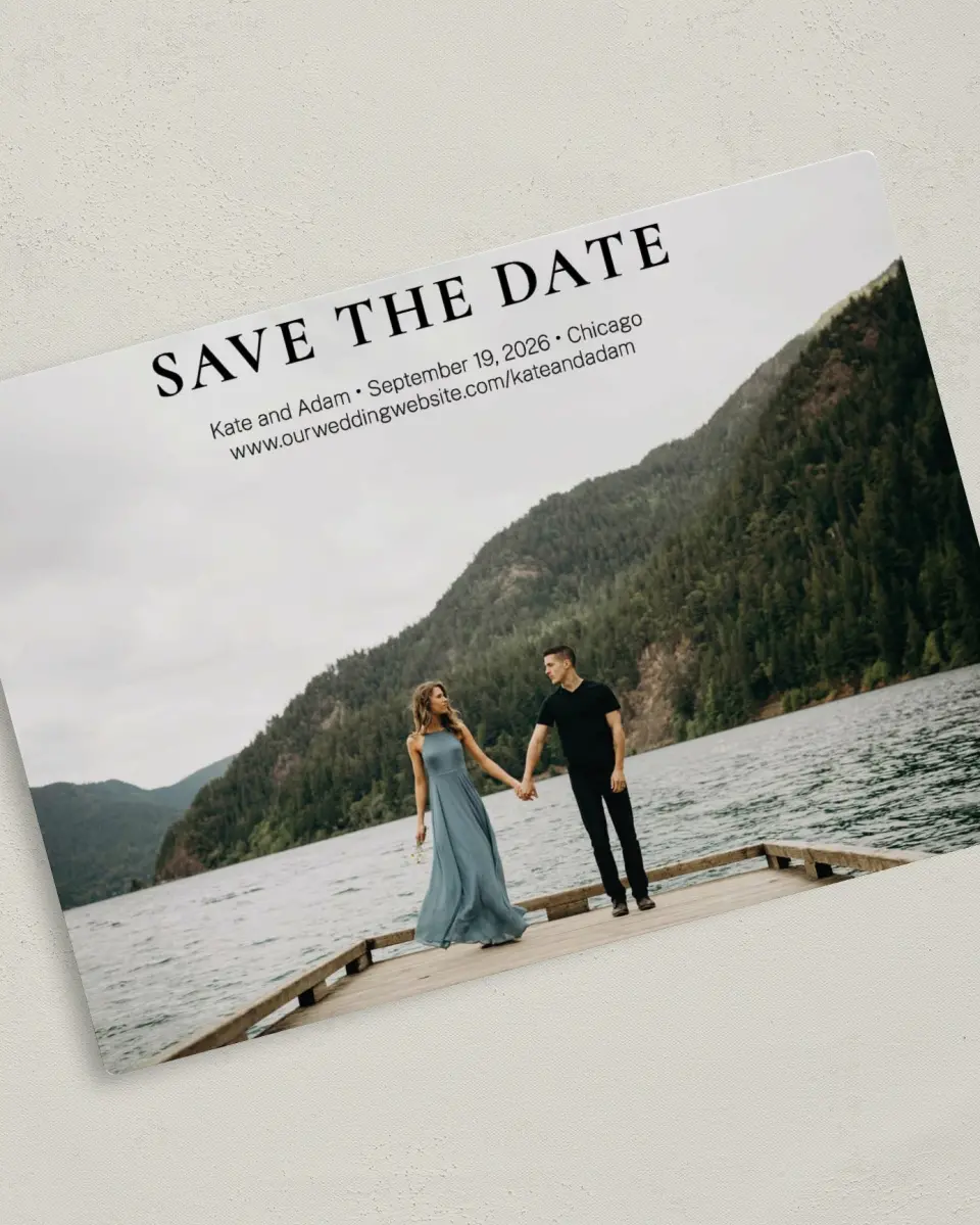 This is a 5" x 7" Save the Date Magnet called Forever Us printed in full color with a Luxe Satin finish