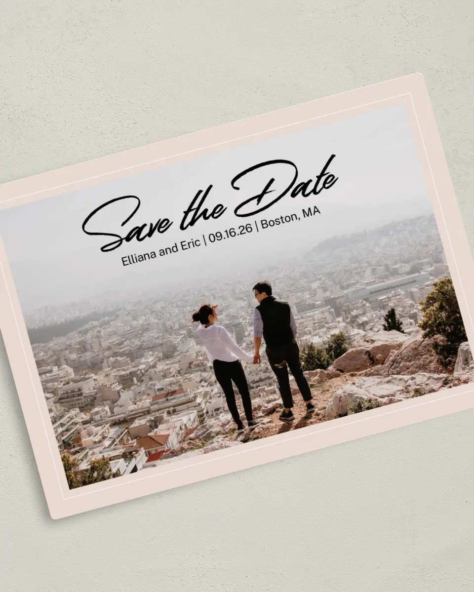 This is a 5" x 7" Save the Date Magnet called A Lovely Day printed in full color with Rose Gold foil and a Luxe Satin finish