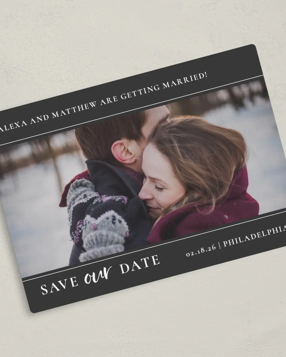 This is a 5" x 7" Save the Date Magnet called Dashing Date printed in full color with a Luxe Satin finish