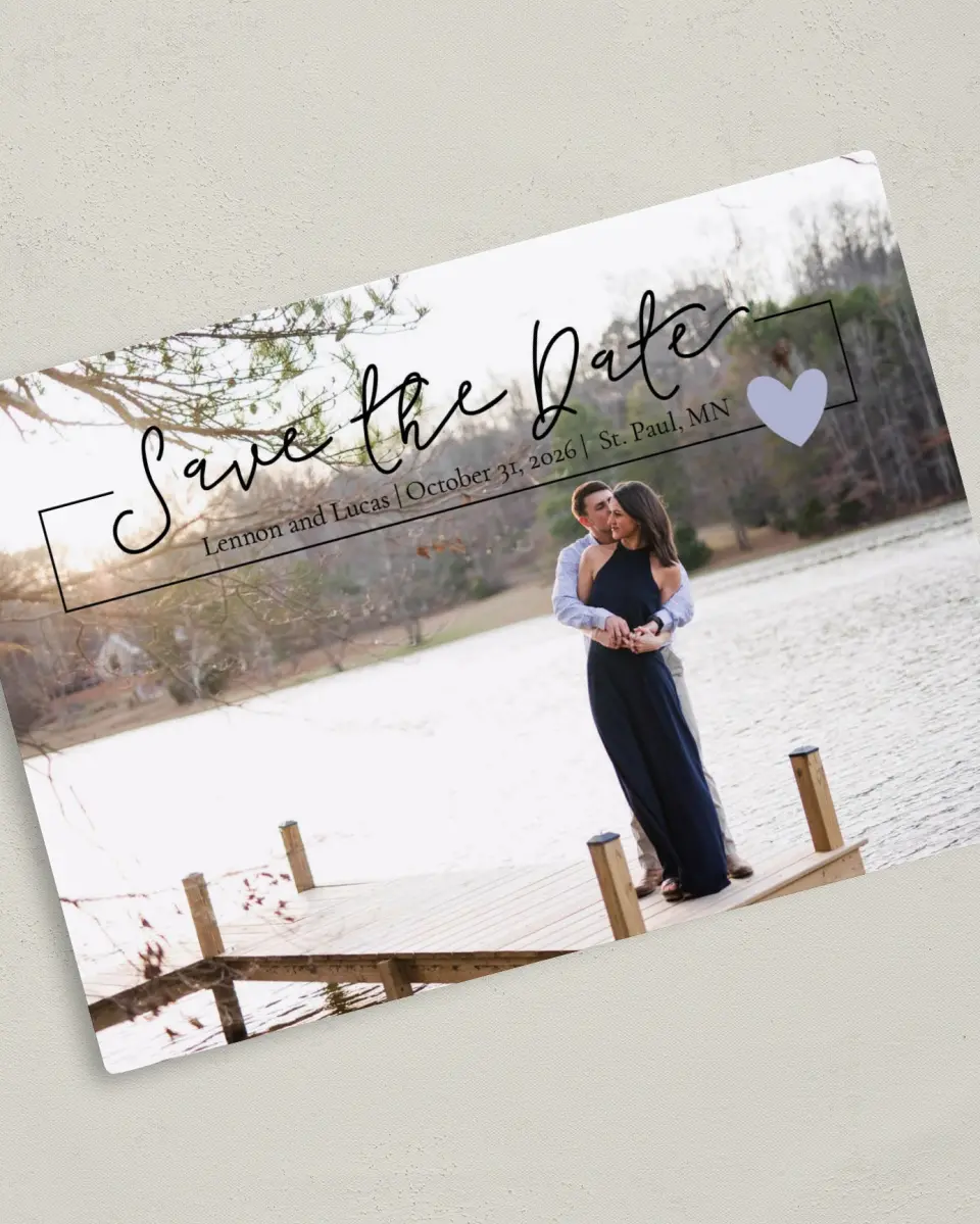 This is a 5" x 7" Save the Date Magnet called Dancing Hearts printed in full color with Rose Gold foil and a Luxe Satin finish