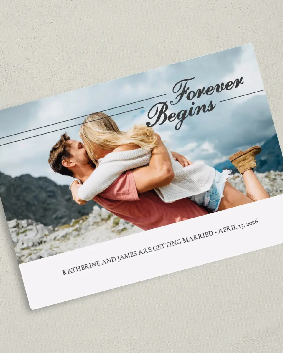 This is a 5" x 7" Save the Date Magnet called Our Prelude printed in full color with Rose Gold foil and a Luxe Satin finish