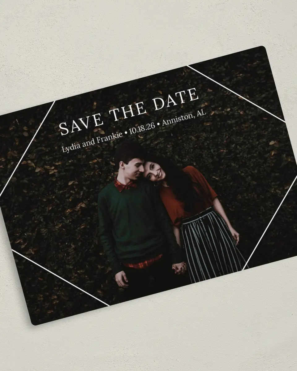 This is a 5" x 7" Save the Date Magnet called Intertwined Diamond printed in full color with a Luxe Satin finish