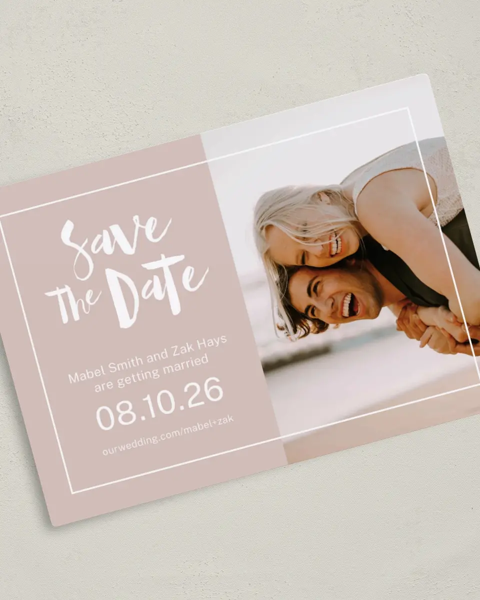 This is a 5" x 7" Save the Date Magnet called A Perfect Fit printed in full color with Rose Gold foil and a Luxe Satin finish