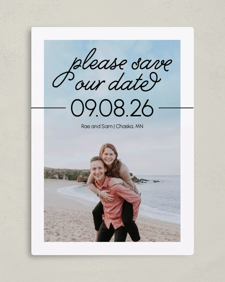 This is a 5" x 7" Save the Date Magnet called Dreamy Moment printed in full color with a Luxe Satin finish