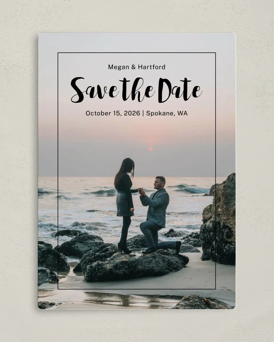 This is a 5" x 7" Save the Date Magnet called Tranquil Moment printed in full color with a Luxe Satin finish