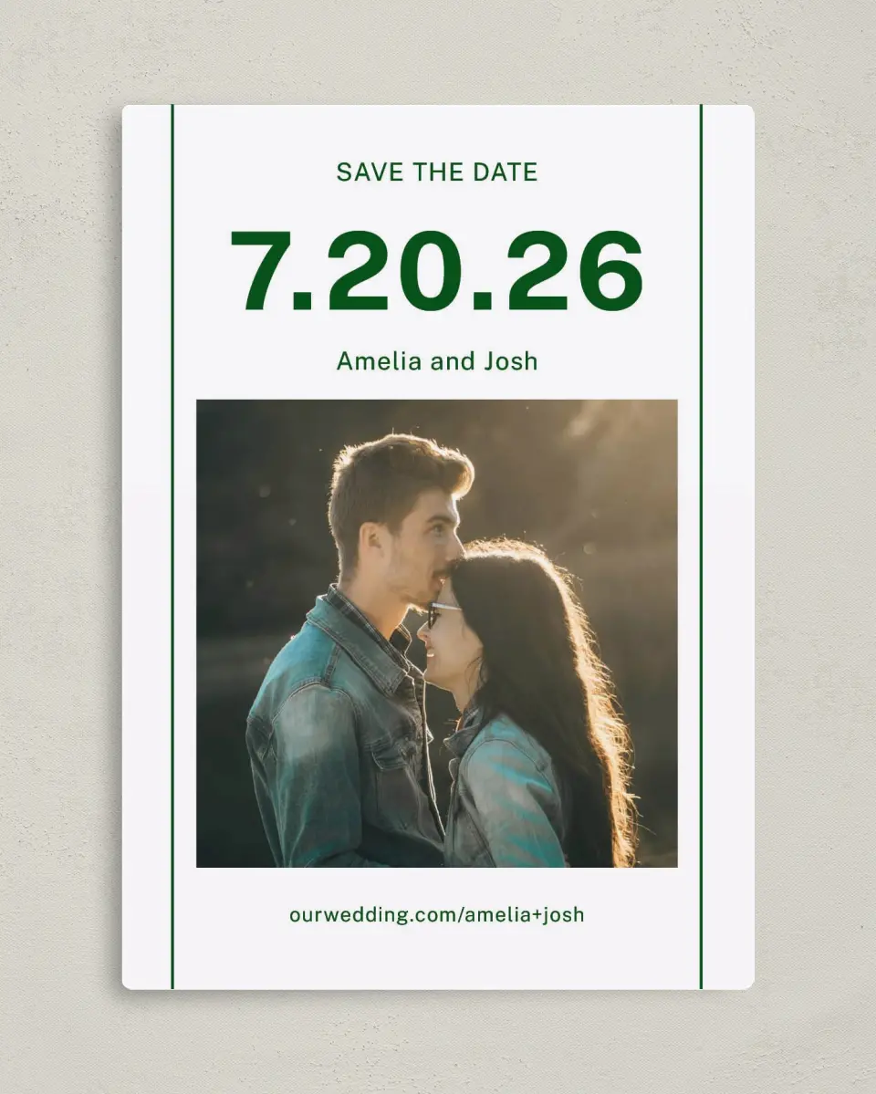 This is a 5" x 7" Save the Date Magnet called Standout Date printed in full color with a Luxe Satin finish