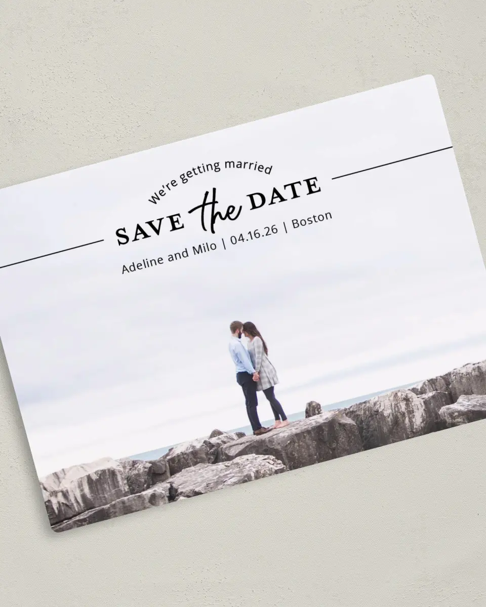 This is a 5" x 7" Save the Date Magnet called Rock Solid printed in full color with Rose Gold foil and a Luxe Satin finish