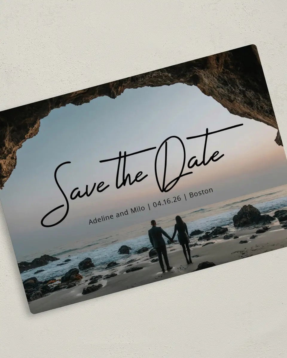 This is a 5" x 7" Save the Date Magnet called Hidden Cove printed in full color with a Luxe Satin finish