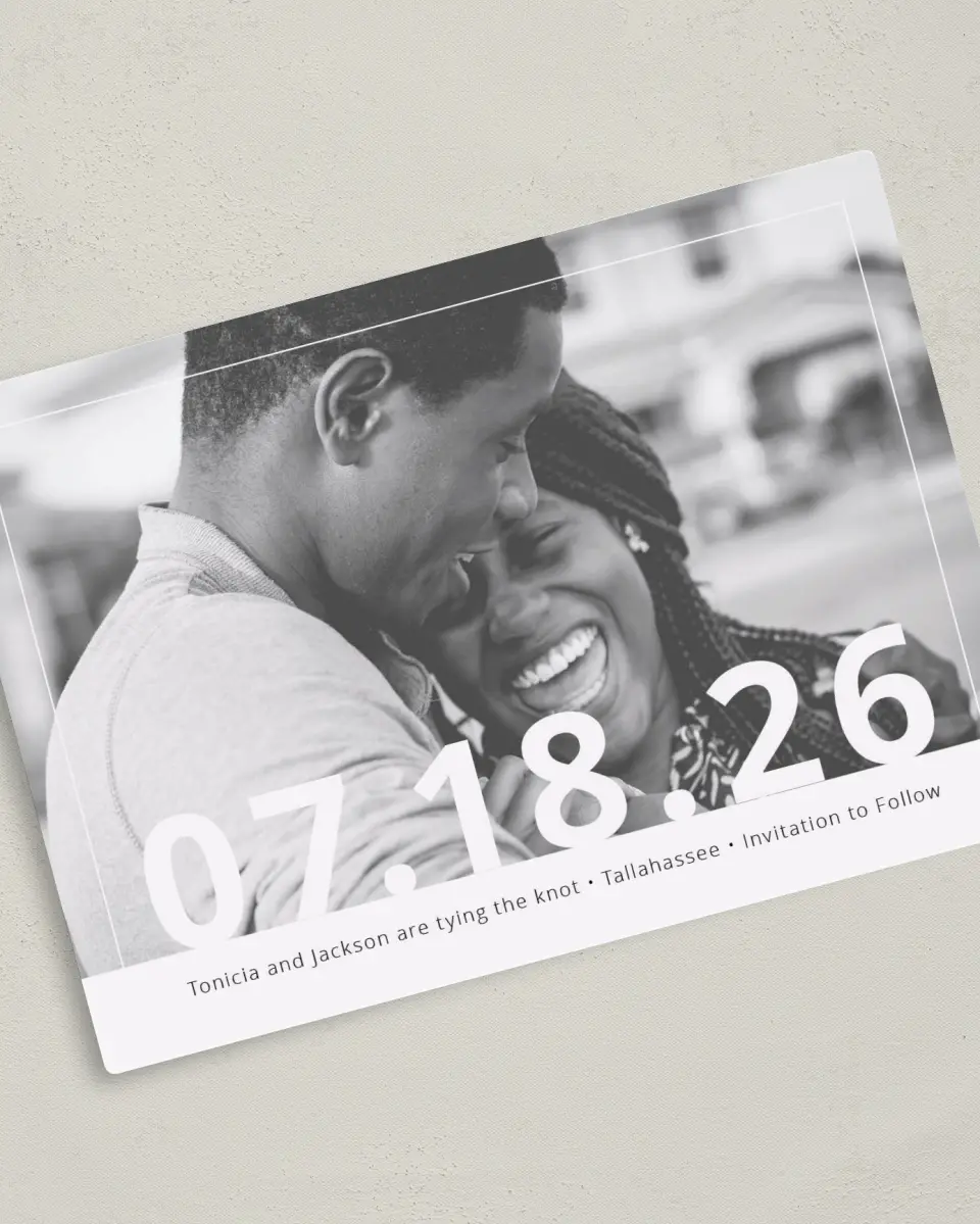 This is a 5" x 7" Save the Date Magnet called Now + Forever printed in full color with a Luxe Satin finish