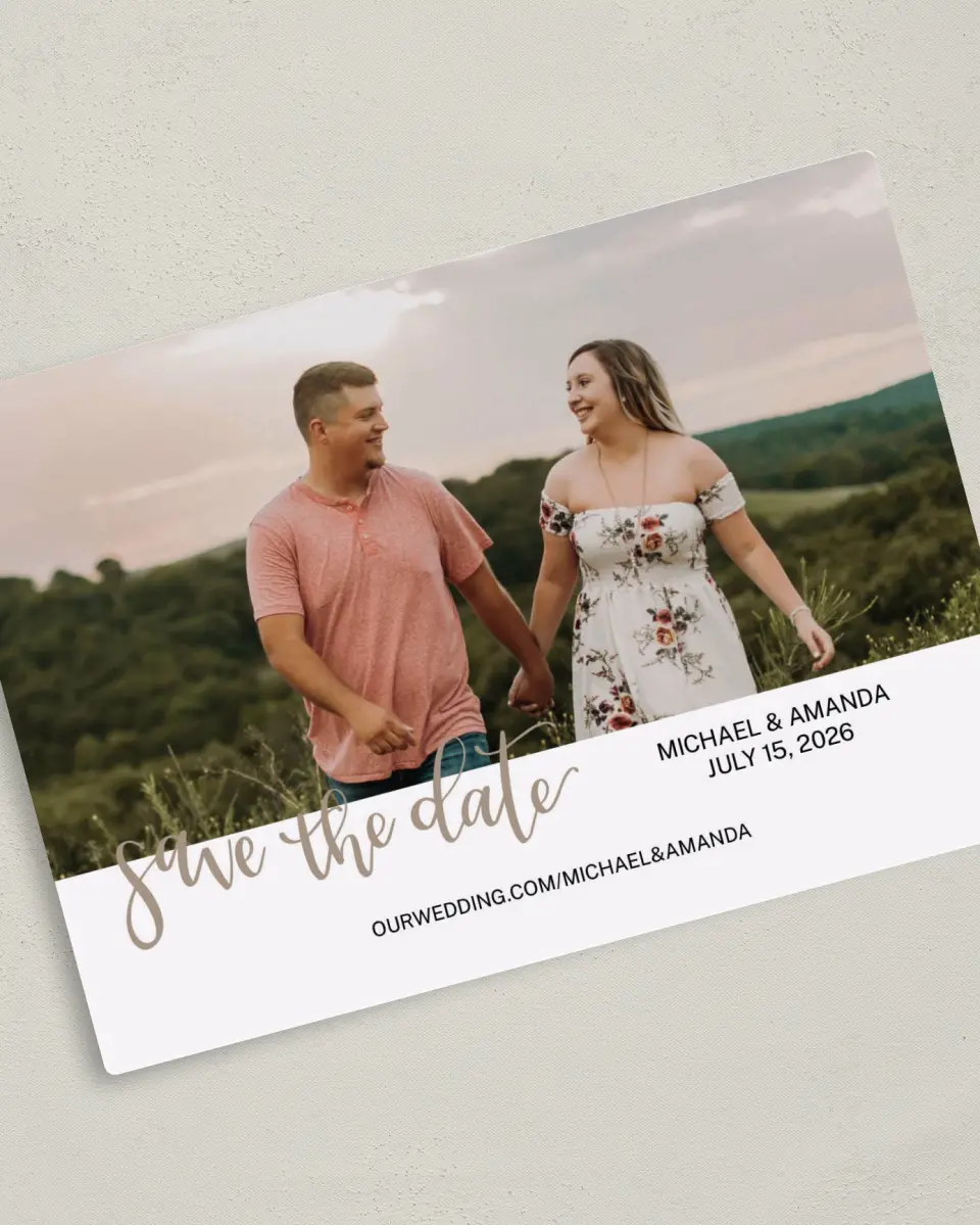 This is a 5" x 7" Save the Date Magnet called Delightful Day printed in full color with Rose Gold foil and a Luxe Satin finish