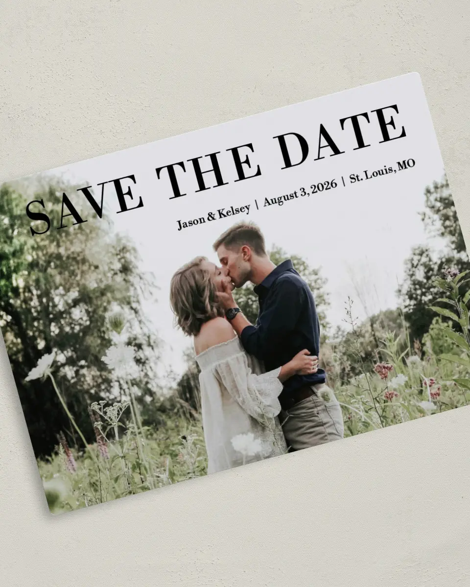 This is a 5" x 7" Save the Date Magnet called Forever Together printed in full color with a Luxe Satin finish