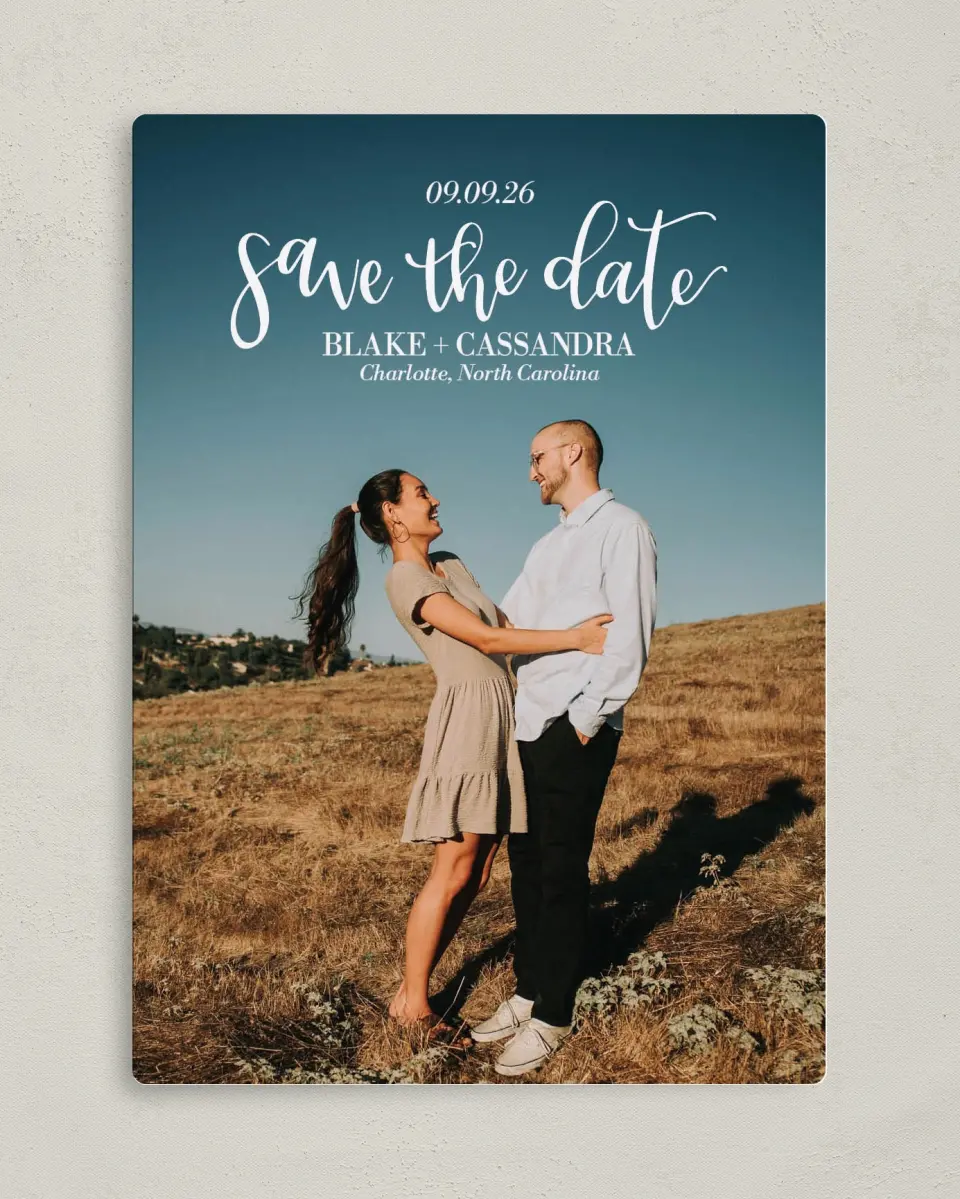 This is a 5" x 7" Save the Date Magnet called Marry Magic printed in full color with a Luxe Satin finish