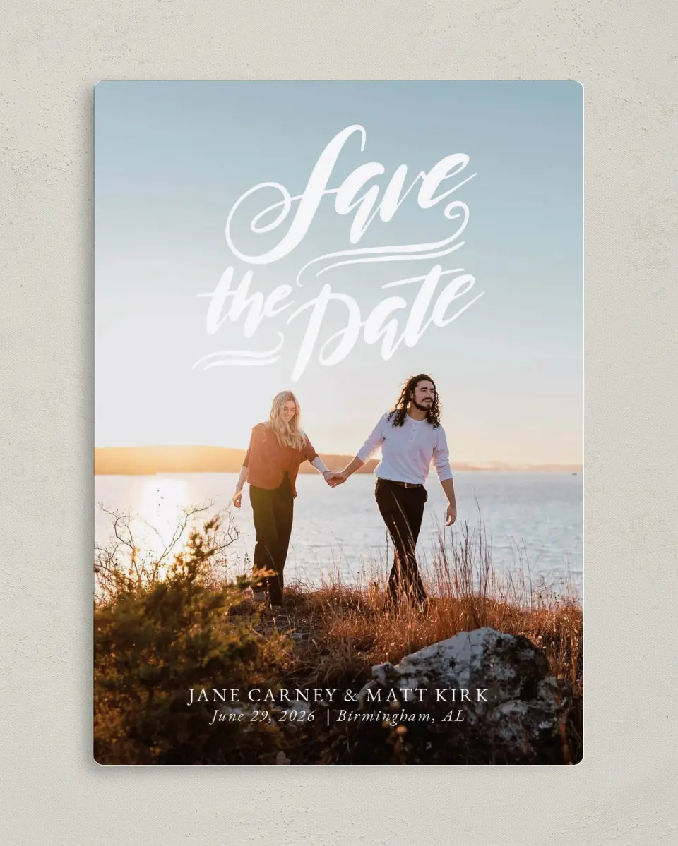 This is a 5" x 7" Save the Date Magnet called Rooftop Romance printed in full color with a Luxe Satin finish