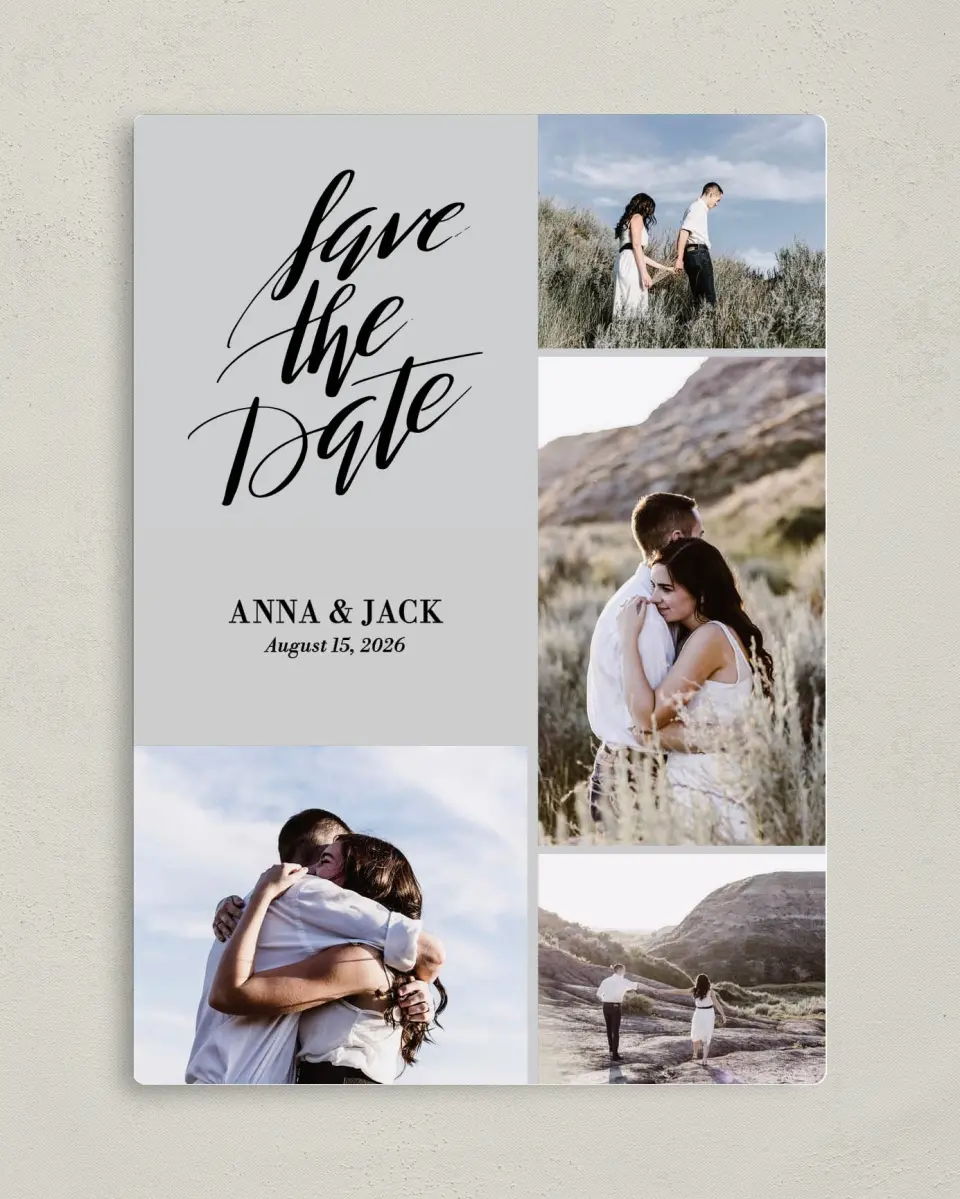 This is a 5" x 7" Save the Date Magnet called Carefree Love printed in full color with a Luxe Satin finish