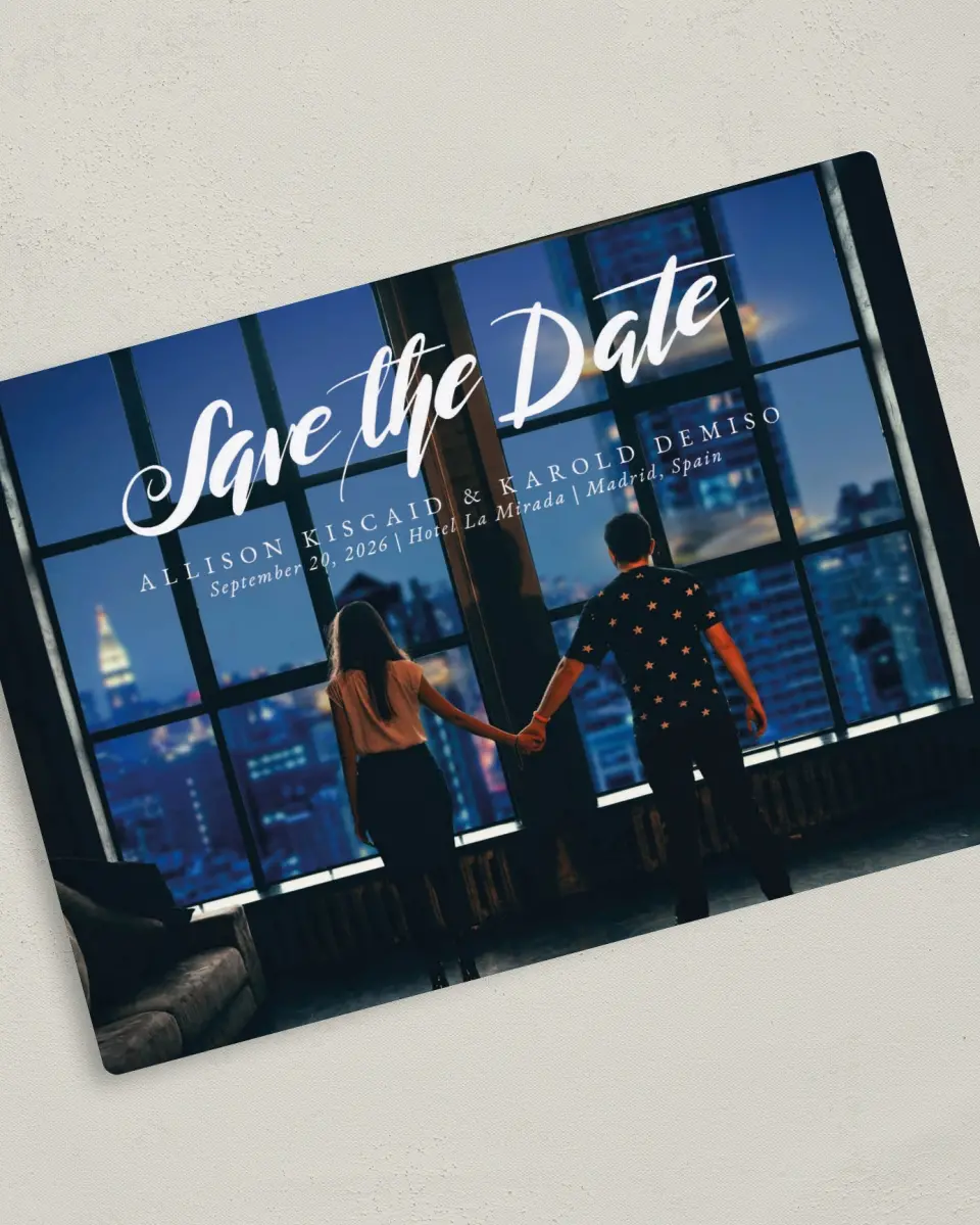 This is a 5" x 7" Save the Date Magnet called Midnight Reflection printed in full color with a Luxe Satin finish