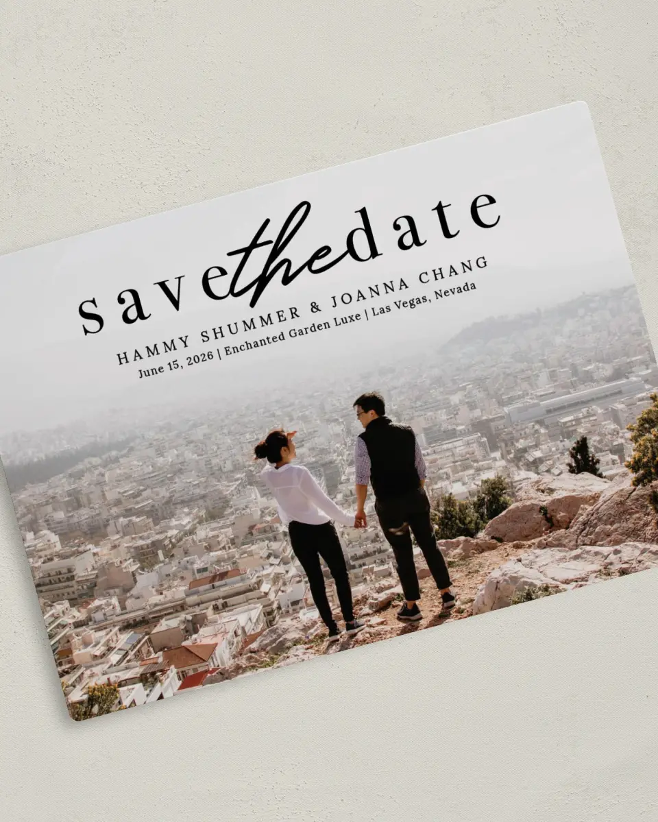 This is a 5" x 7" Save the Date Magnet called Scenic Whisper printed in full color with Rose Gold foil and a Luxe Satin finish