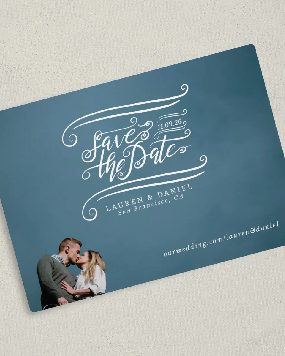 This is a 5" x 7" Save the Date Magnet called Dizzy in Love printed in full color with a Luxe Satin finish