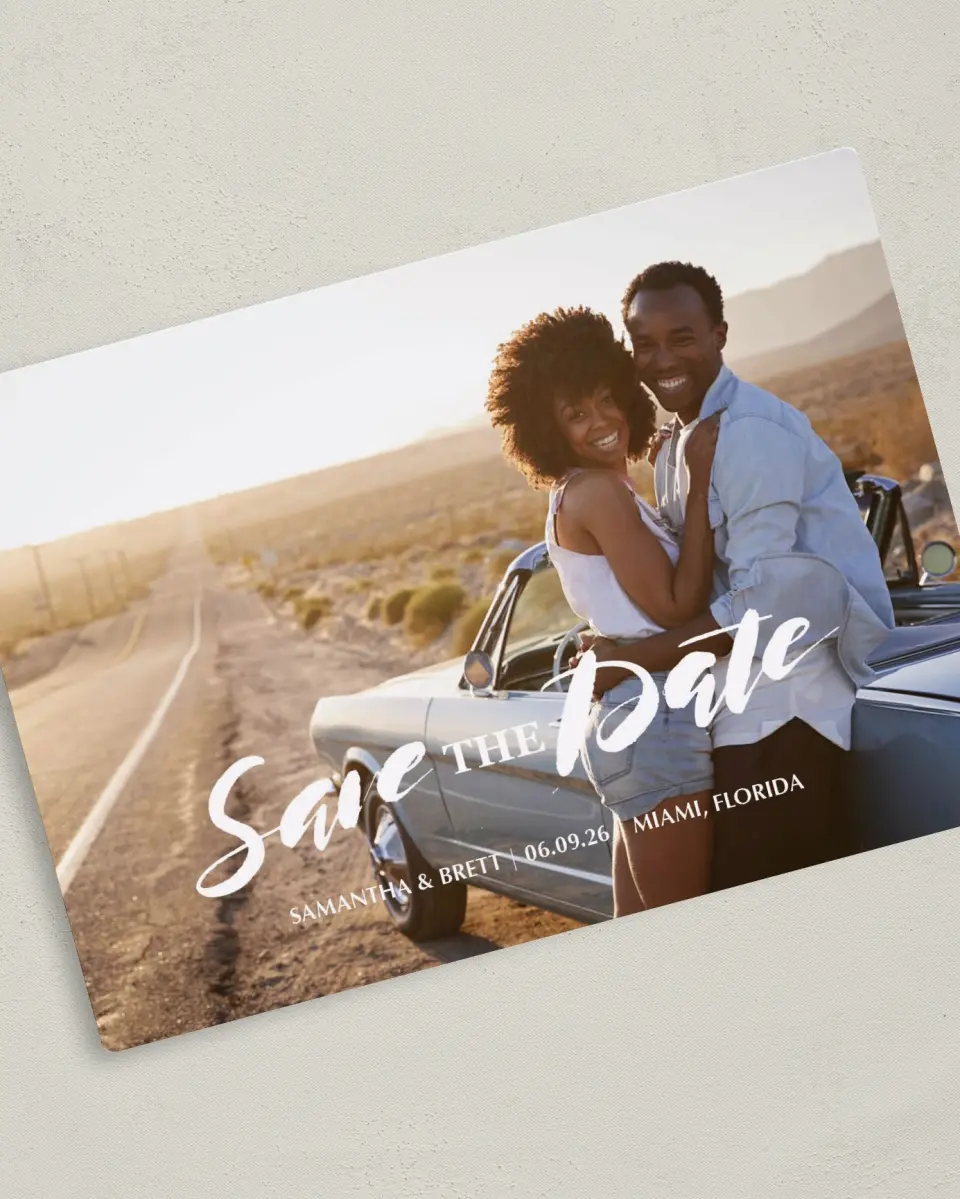 This is a 5" x 7" Save the Date Magnet called Hands Together printed in full color with Rose Gold foil and a Luxe Satin finish