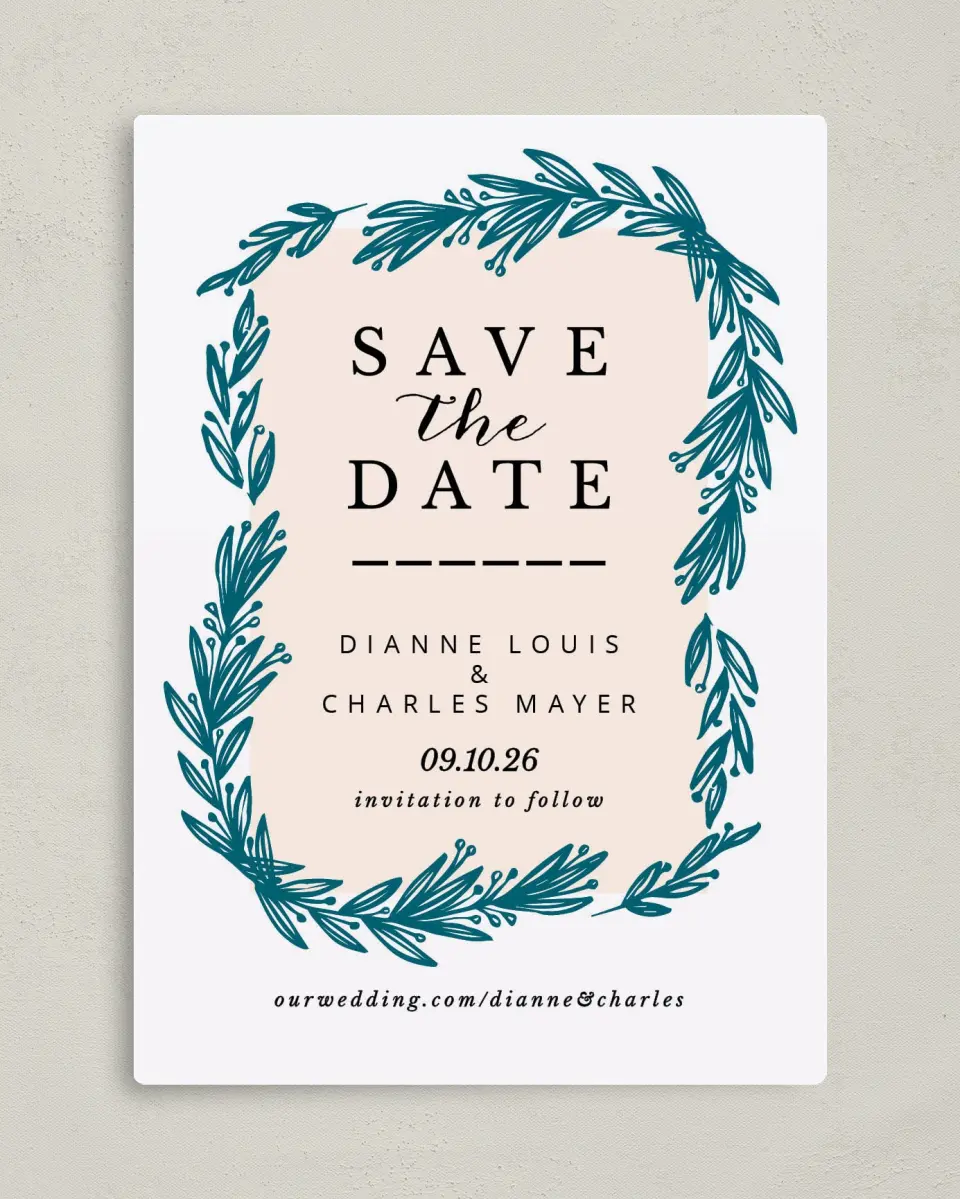 This is a 5" x 7" Save the Date Magnet called Lovely Leaves printed in full color with a Luxe Satin finish