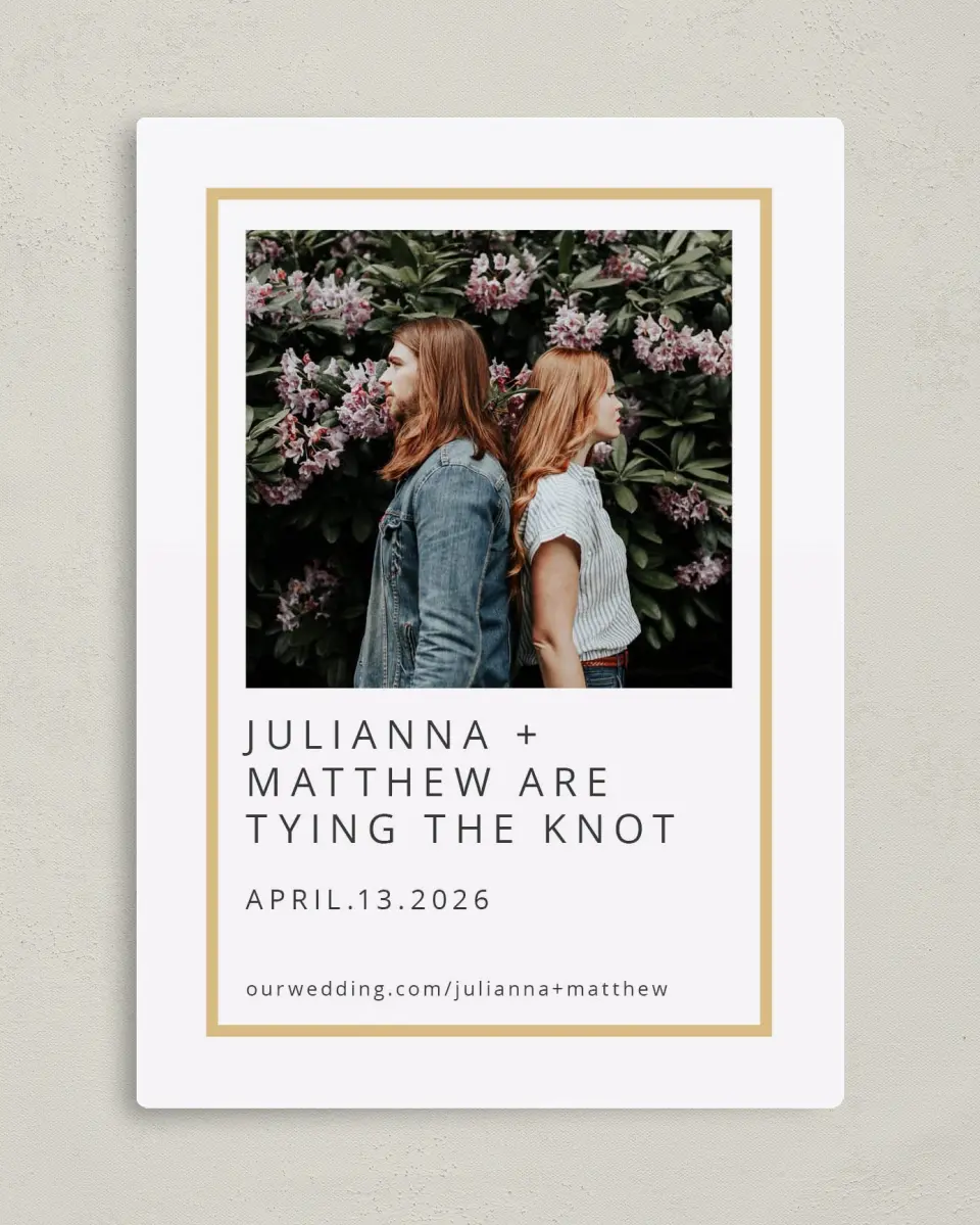This is a 5" x 7" Save the Date Magnet called Tying the Knot printed in full color with Rose Gold foil and a Luxe Satin finish