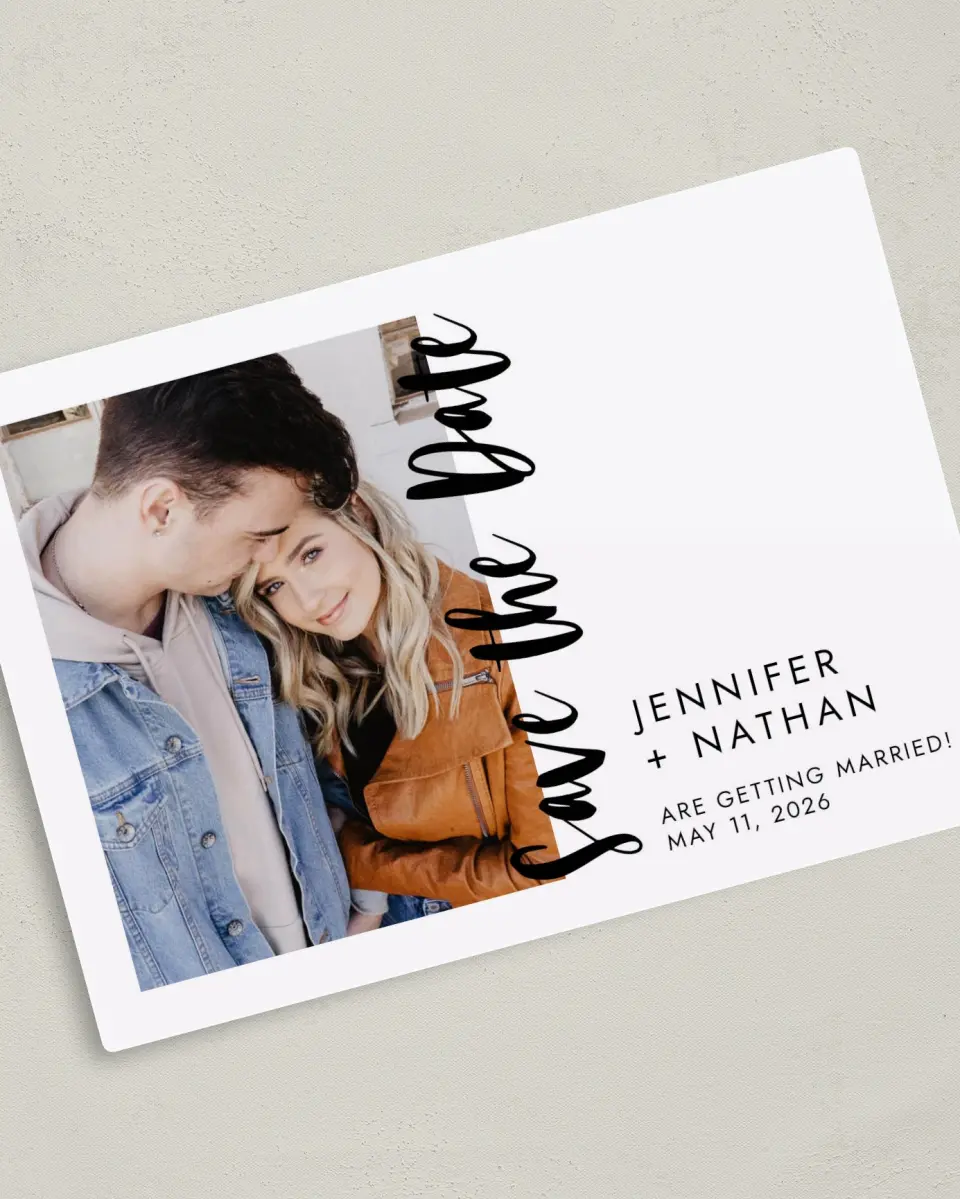 This is a 5" x 7" Save the Date Magnet called Be There printed in full color with a Luxe Satin finish