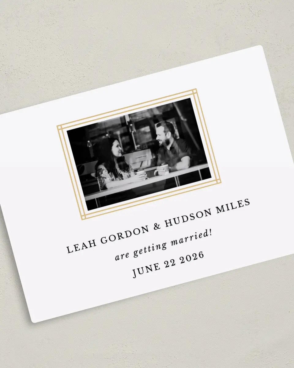 This is a 5" x 7" Save the Date Magnet called Perfectly Framed printed in full color with a Luxe Satin finish