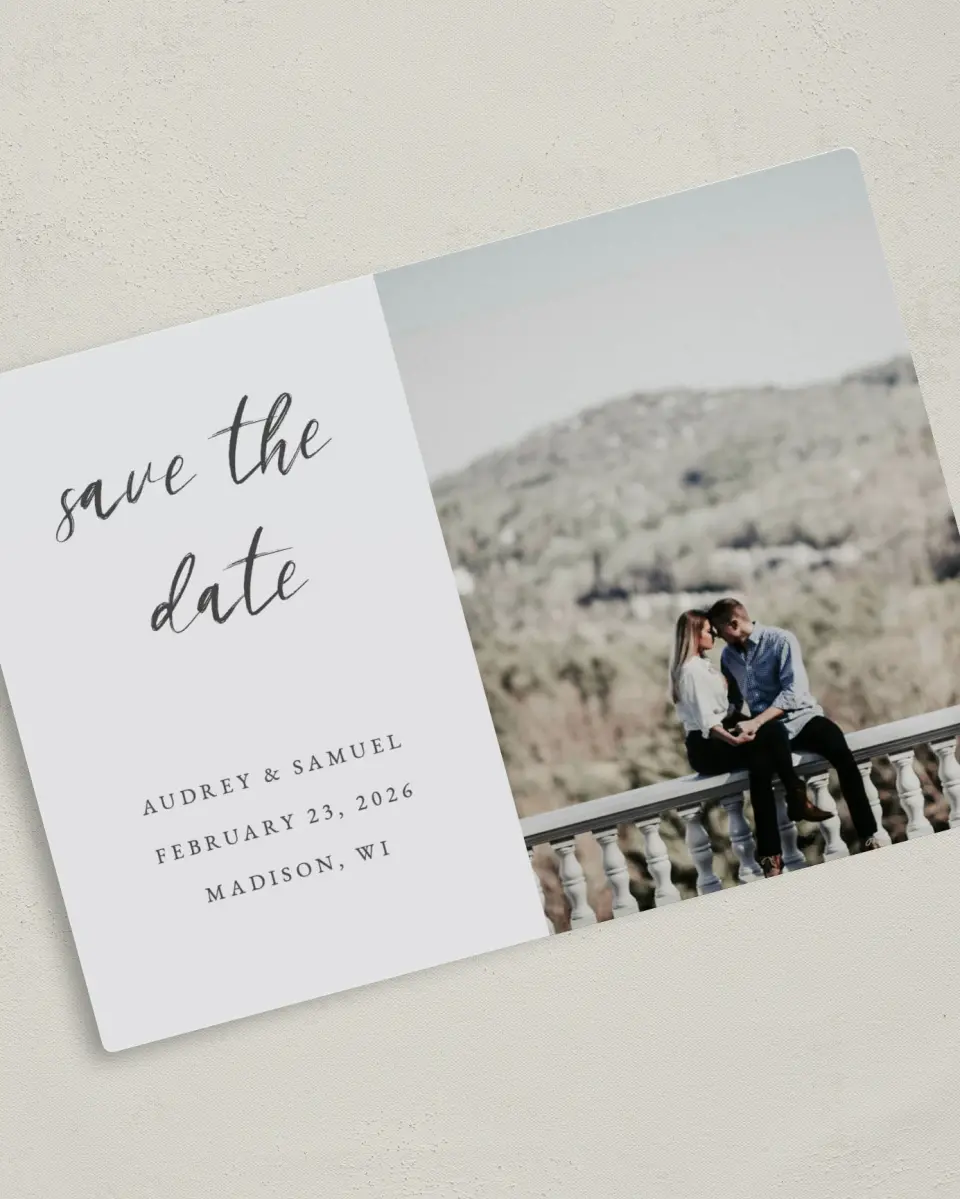 This is a 5" x 7" Save the Date Magnet called Majestic Moment printed in full color with Rose Gold foil and a Luxe Satin finish