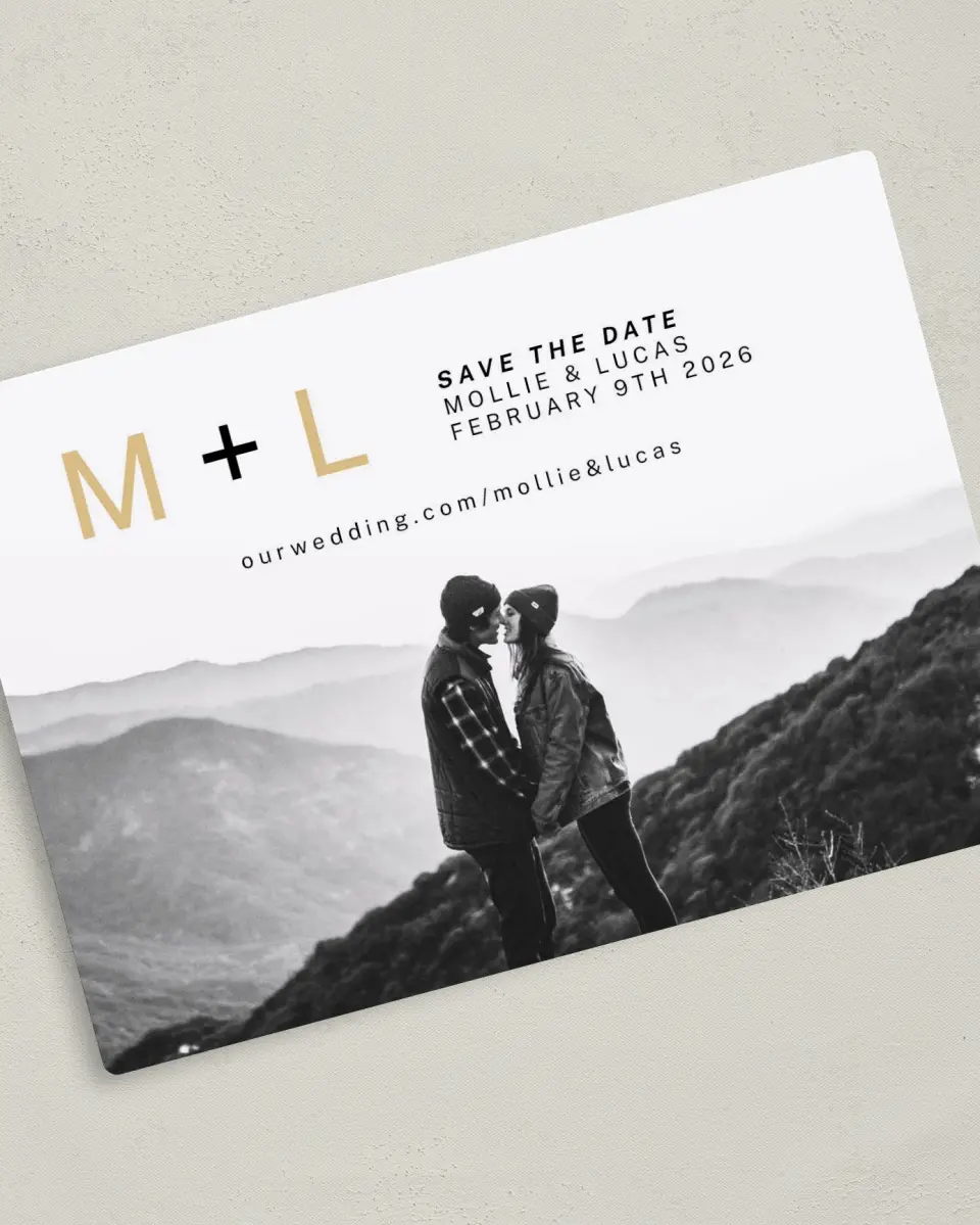 This is a 5" x 7" Save the Date Magnet called New Initials printed in full color with a Luxe Satin finish