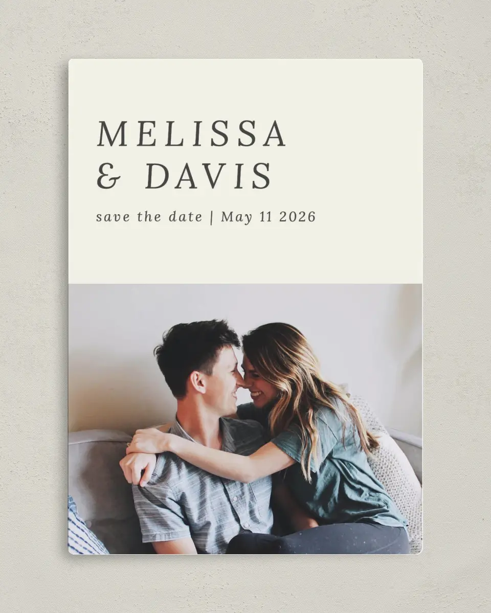 This is a 5" x 7" Save the Date Magnet called Snuggle Together printed in full color with a Luxe Satin finish