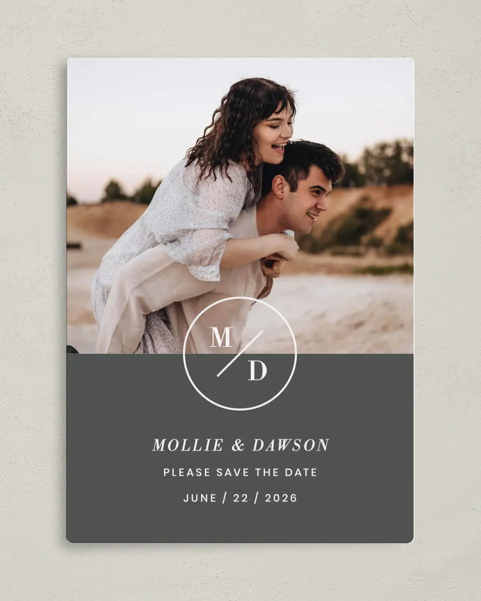 This is a 5" x 7" Save the Date Magnet called New Monogram printed in full color with a Luxe Satin finish