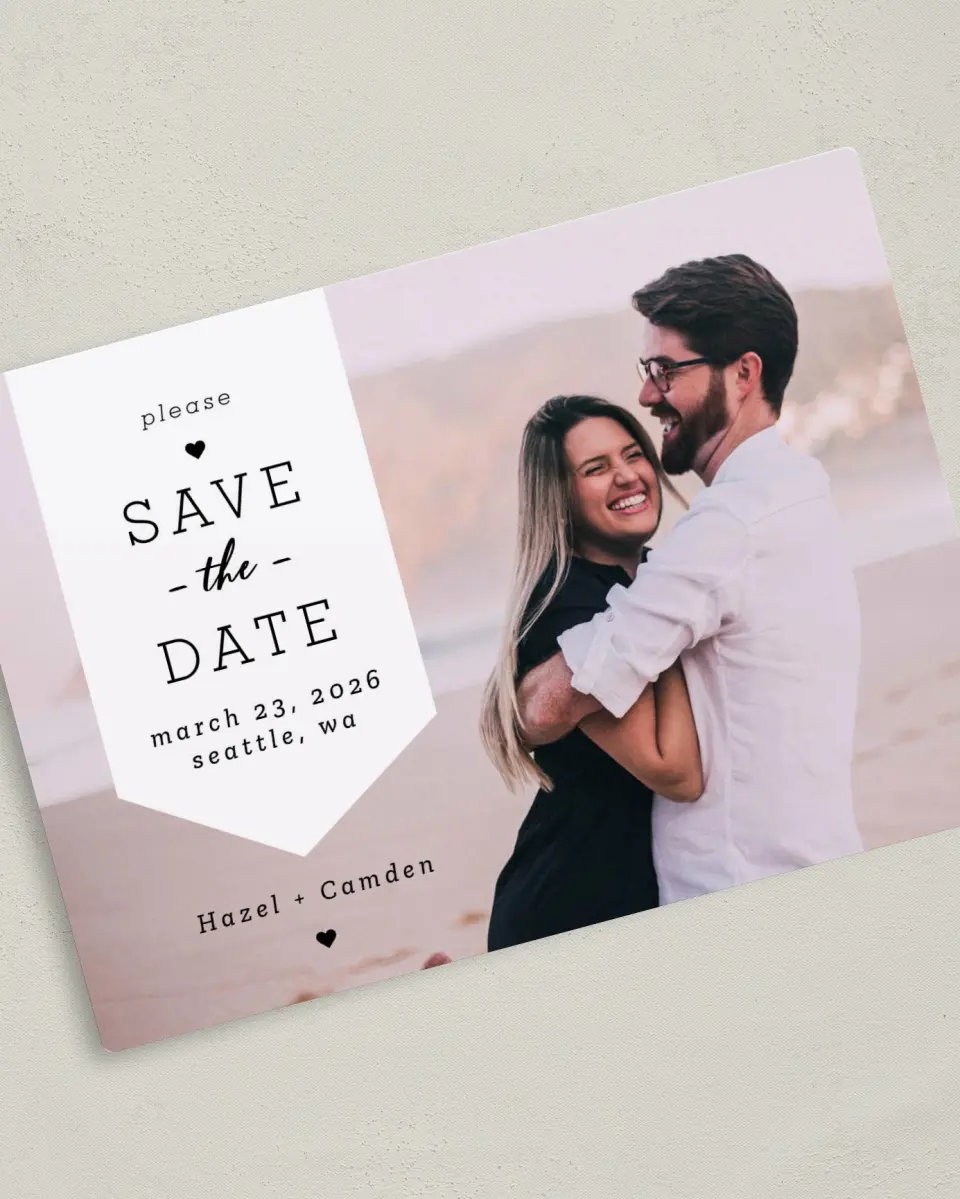 This is a 5" x 7" Save the Date Magnet called Come Together printed in full color with a Luxe Satin finish