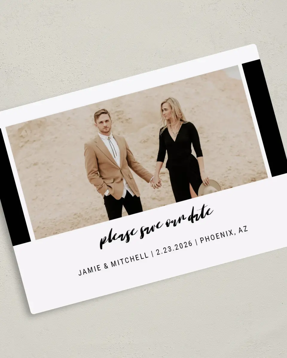 This is a 5" x 7" Save the Date Magnet called Stately Event printed in full color with Rose Gold foil and a Luxe Satin finish