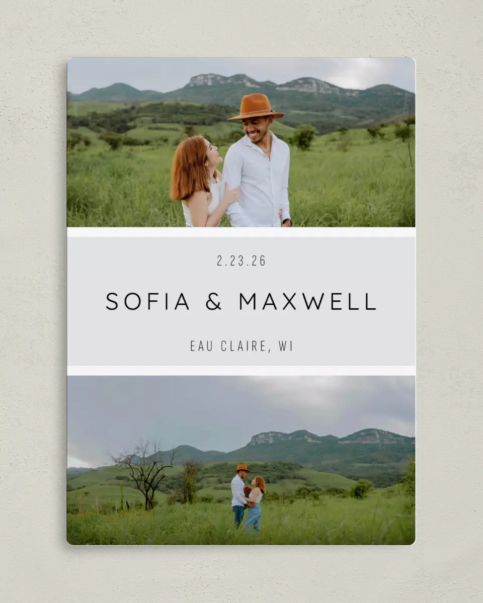 This is a 5" x 7" Save the Date Magnet called Splendid Moment printed in full color with a Luxe Satin finish