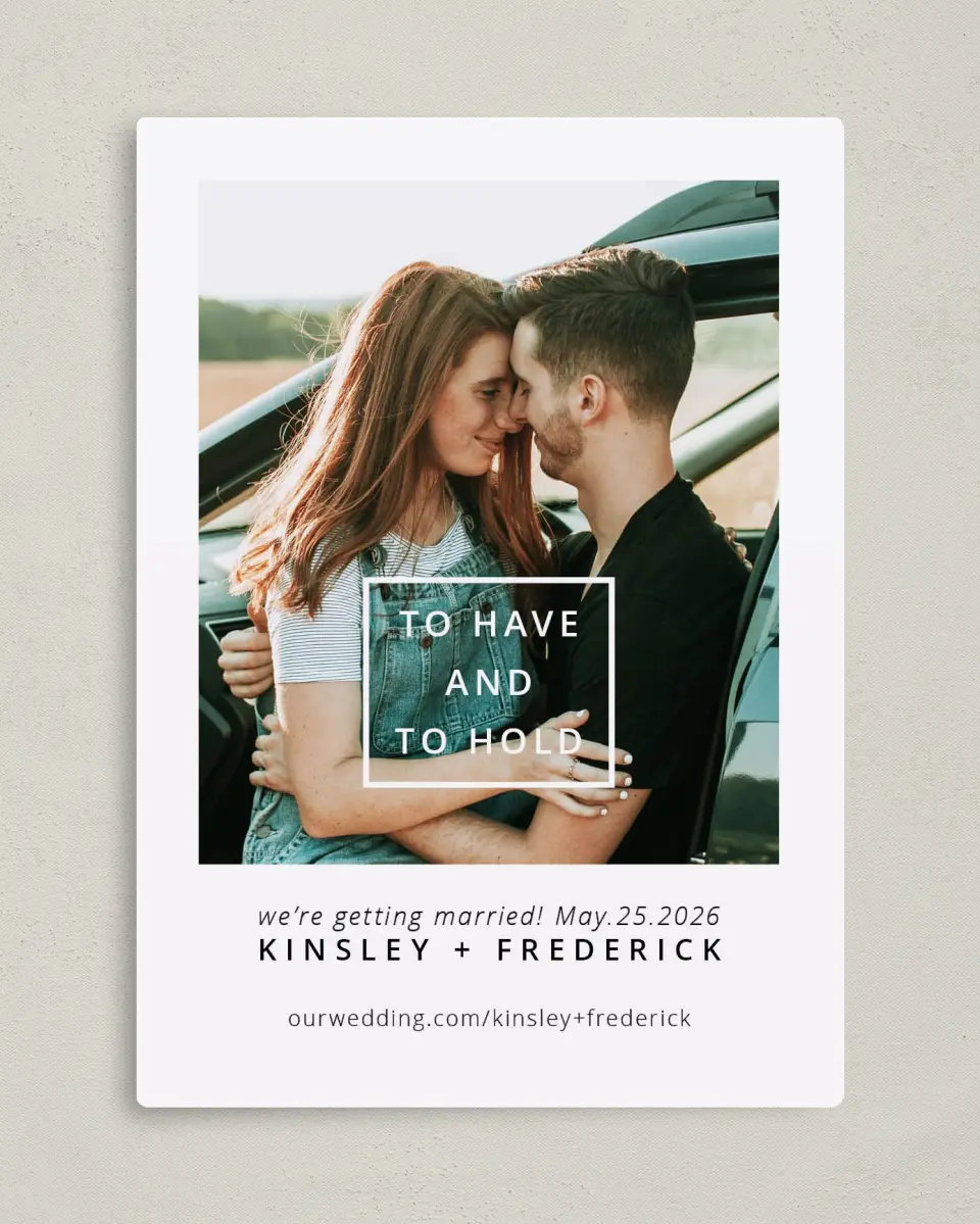 This is a 5" x 7" Save the Date Magnet called Committed Vows printed in full color with Rose Gold foil and a Luxe Satin finish