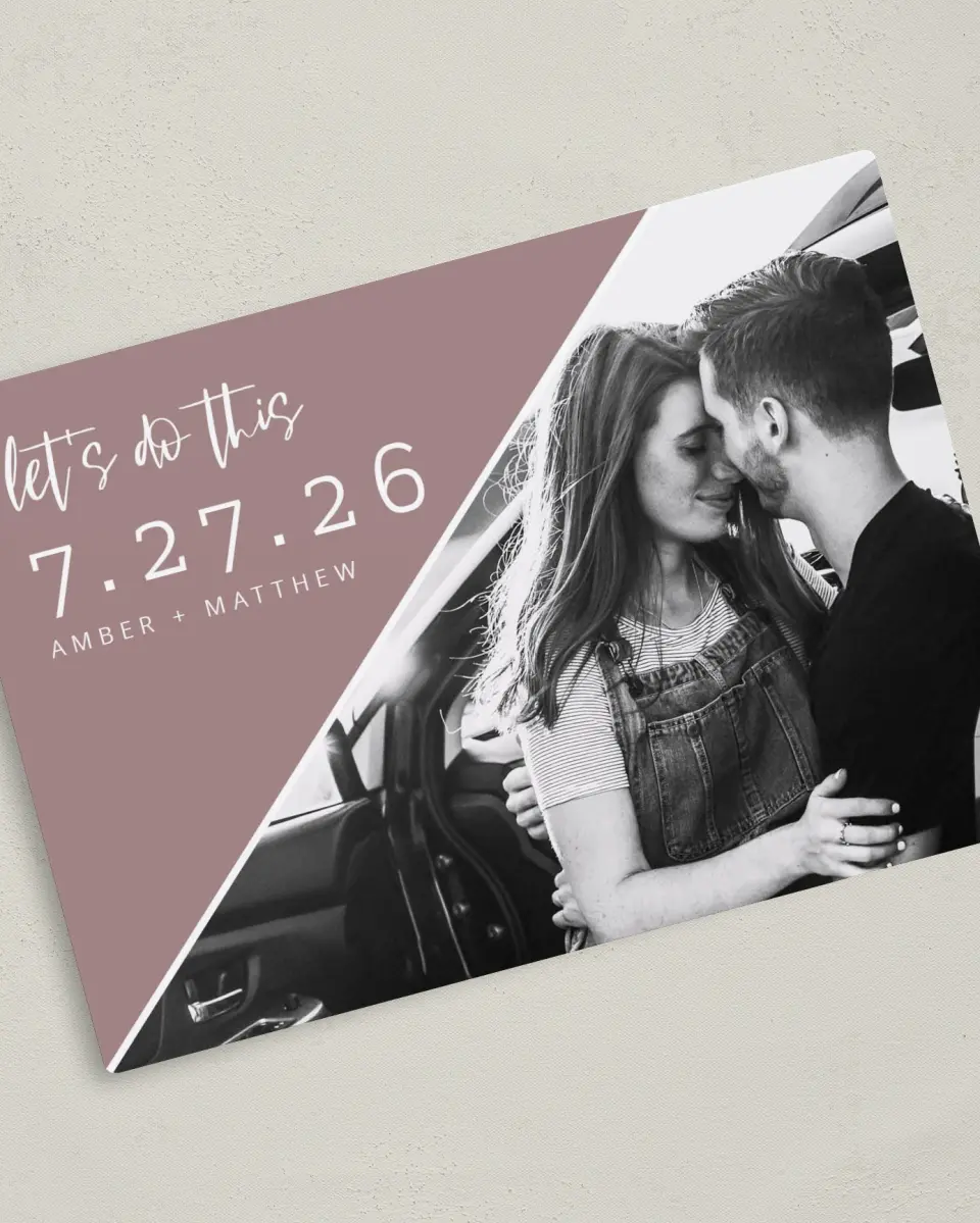 This is a 5" x 7" Save the Date Magnet called Love Slant printed in full color with a Luxe Satin finish