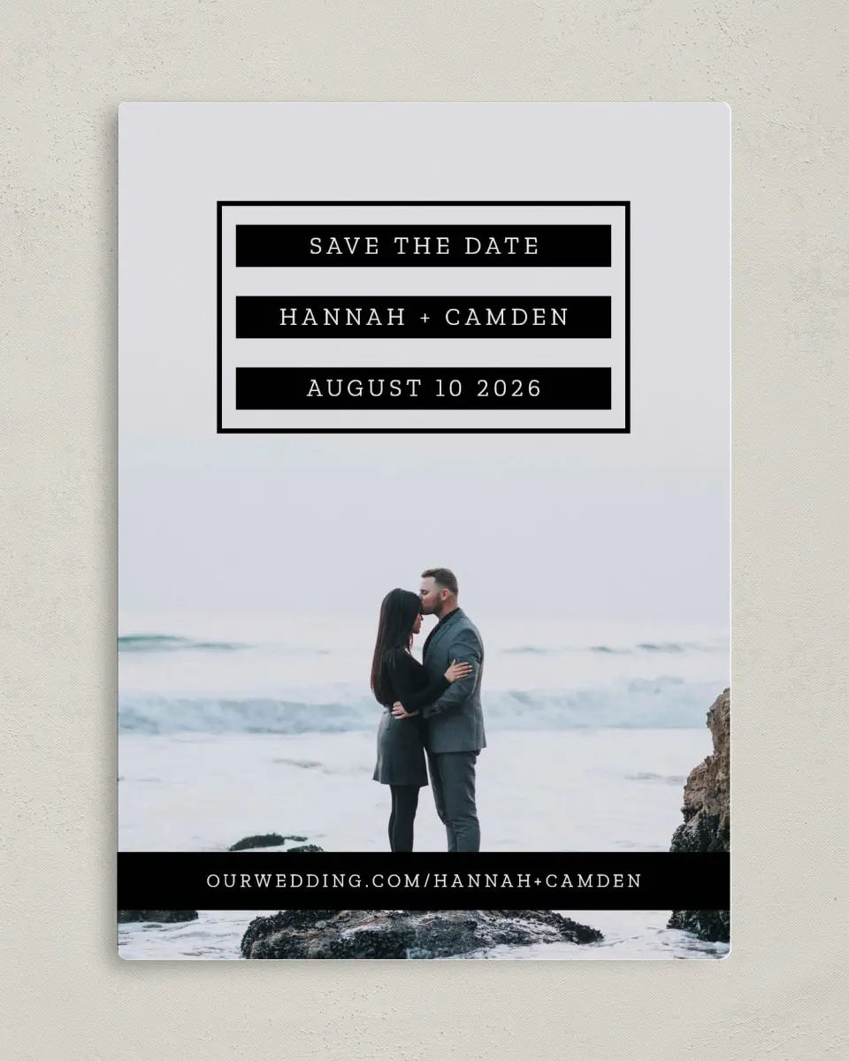 This is a 5" x 7" Save the Date Magnet called Waves of Romance printed in full color with Rose Gold foil and a Luxe Satin finish